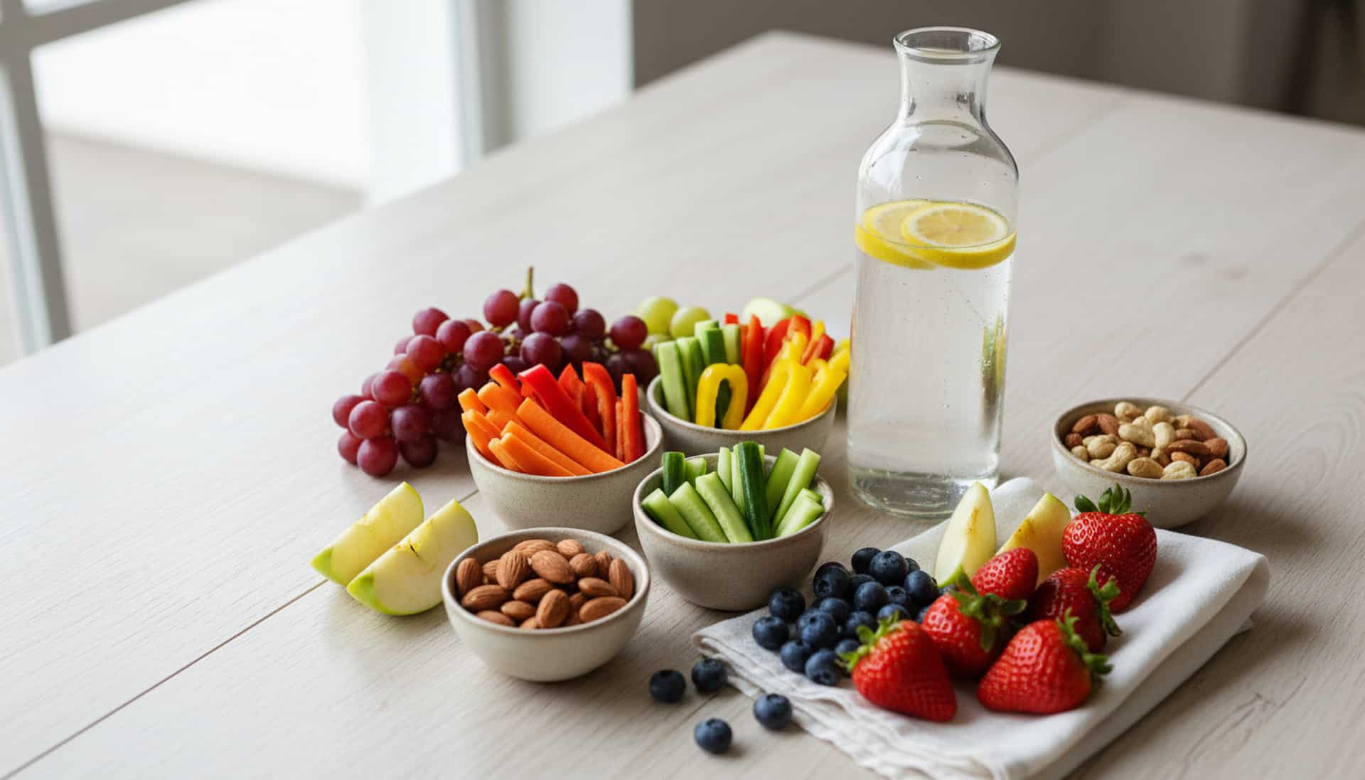 Gesunde Snacks mit Gemüse, Obst und Wasserflasche auf Holztisch