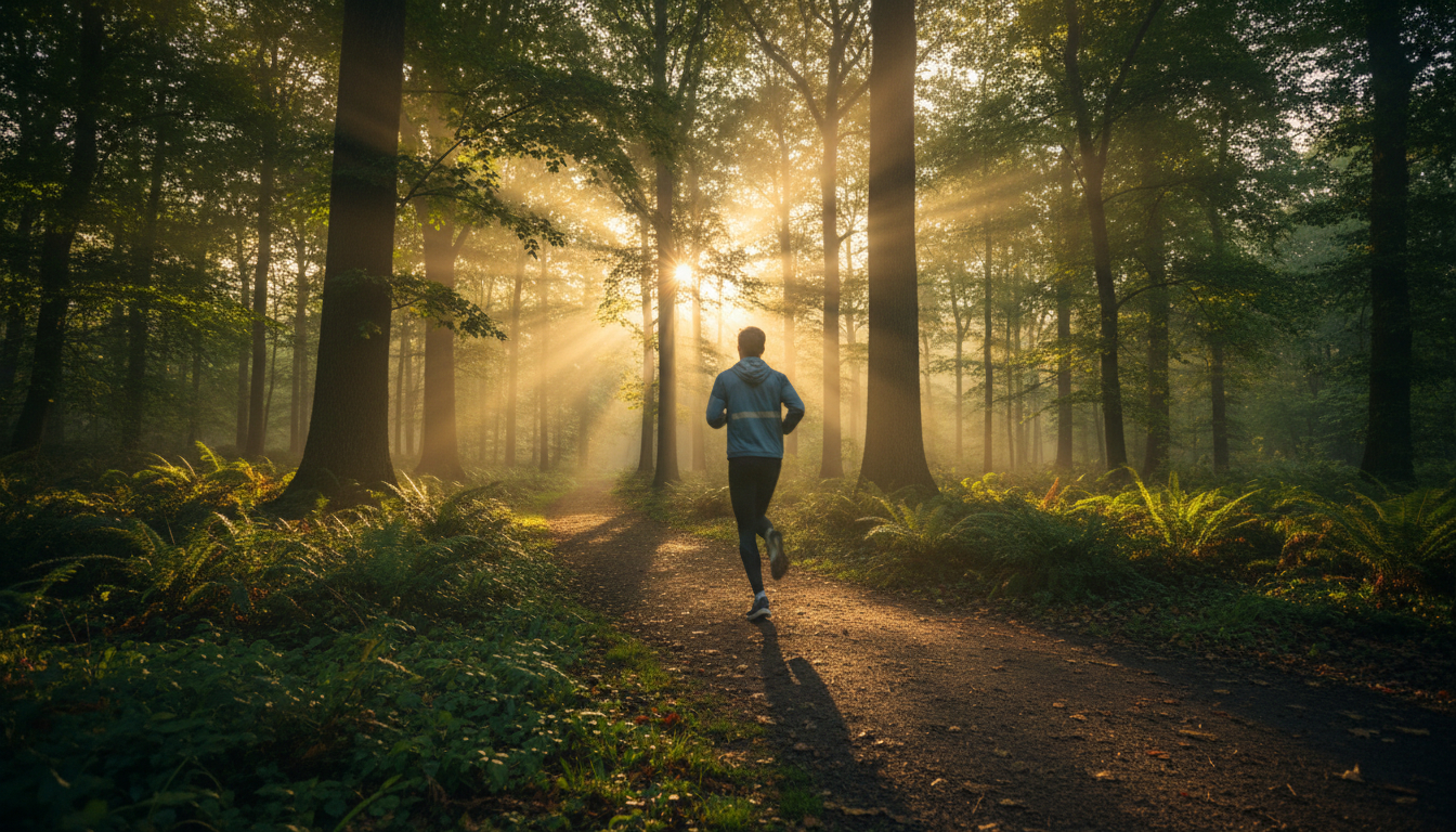 Jogger läuft bei Sonnenaufgang durch einen Park mit Lichtstrahlen