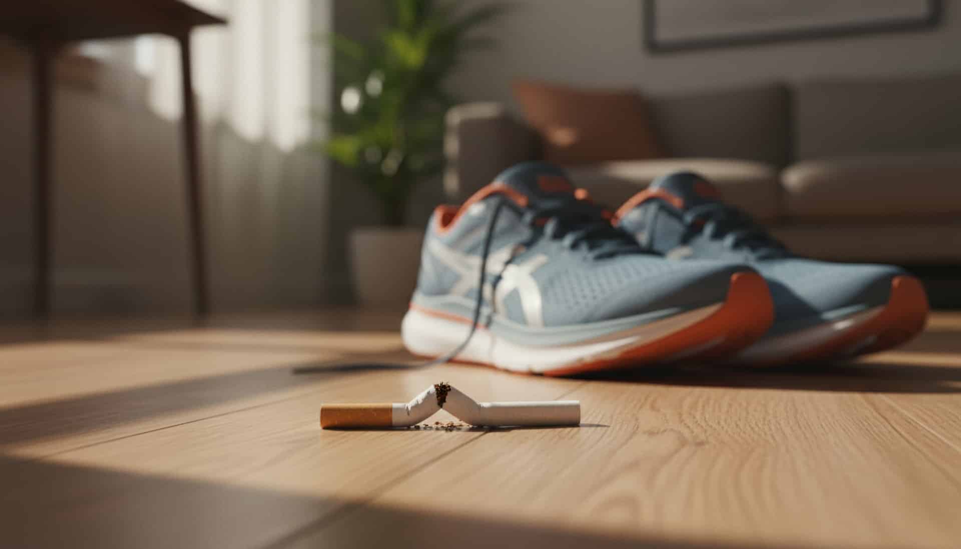 Zerbrochene Zigarette neben Laufschuhen auf Holzboden