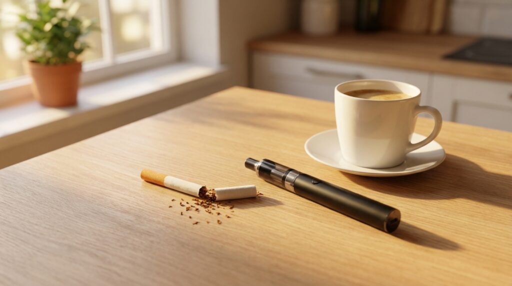 Zerbrochene Zigarette und E-Zigarette neben Kaffeetasse auf Holztisch