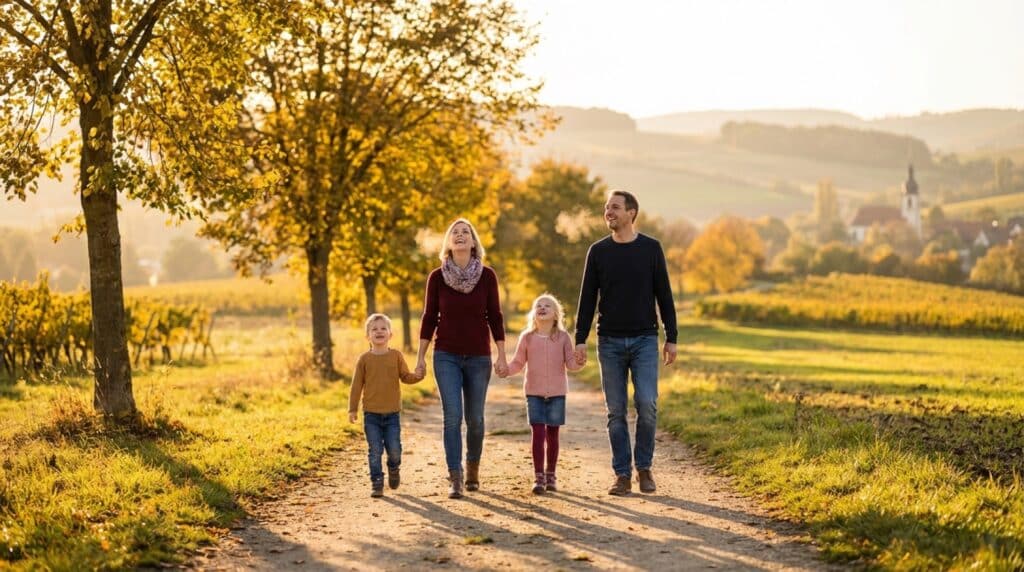 Familie mit Kindern beim Spaziergang in herbstlicher Natur