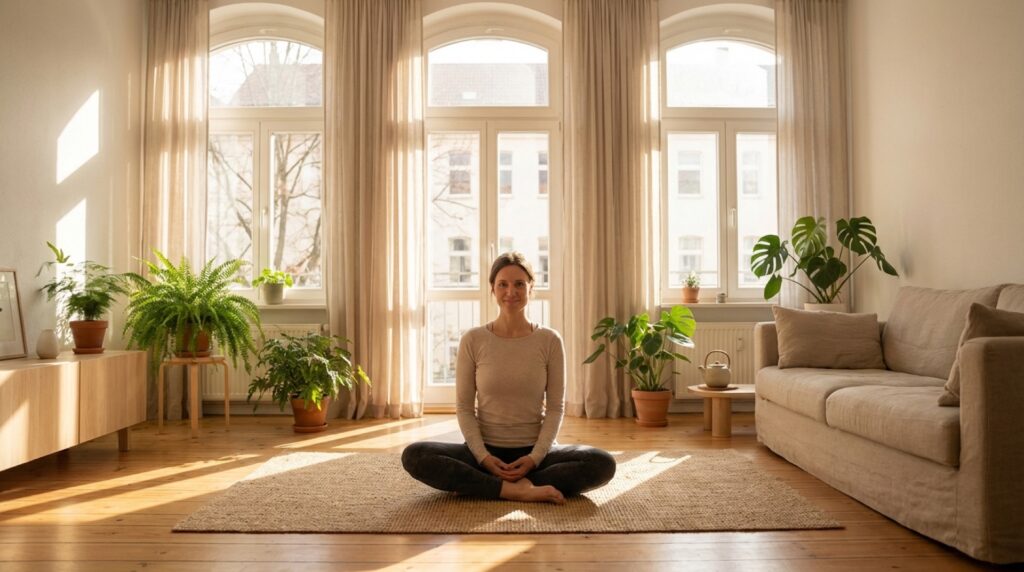 Person meditiert in hellem Raum mit Pflanzen als gesunde Stressbewältigung