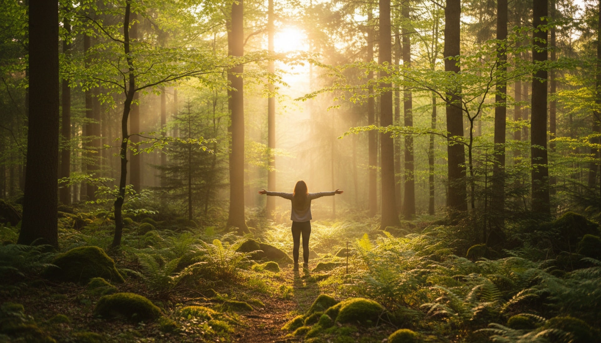 Person atmet befreit in der Natur mit ausgebreiteten Armen