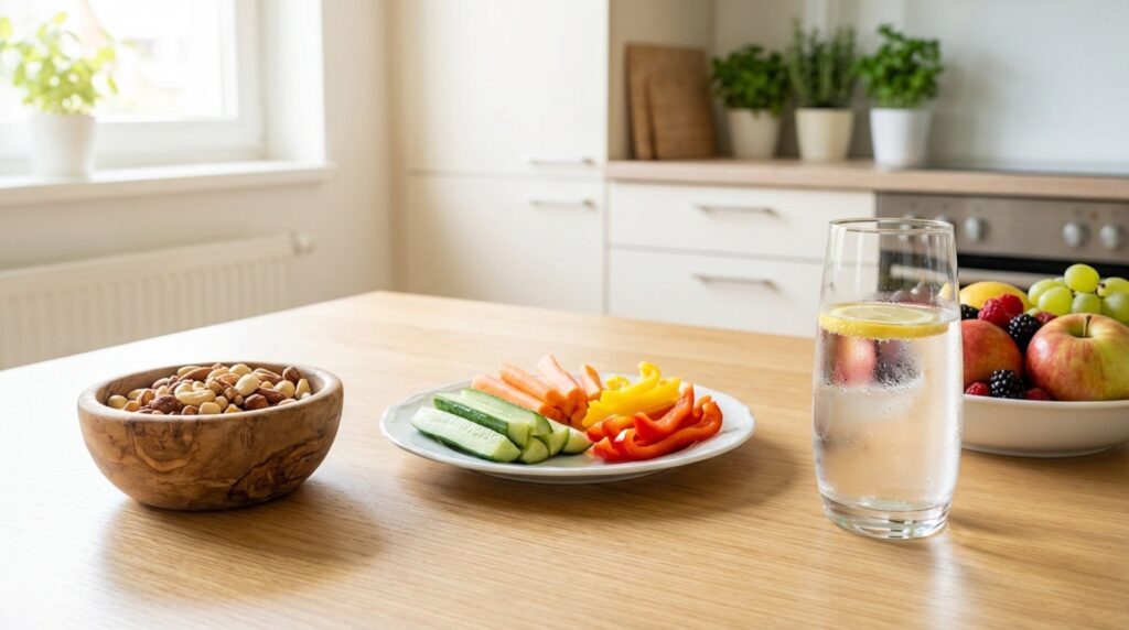 Gesunde Snacks wie Nüsse und Gemüsesticks auf einem Küchentisch