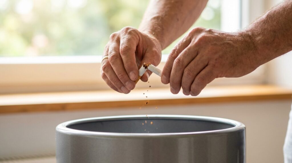 Hände zerbrechen Zigarette als Symbol für Rauchstopp