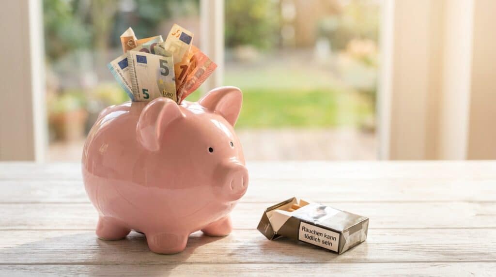 Sparschwein mit Geld neben leerer Zigarettenschachtel