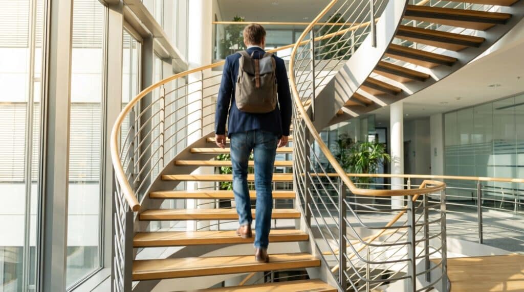 Person geht dynamisch eine helle Treppe hinauf