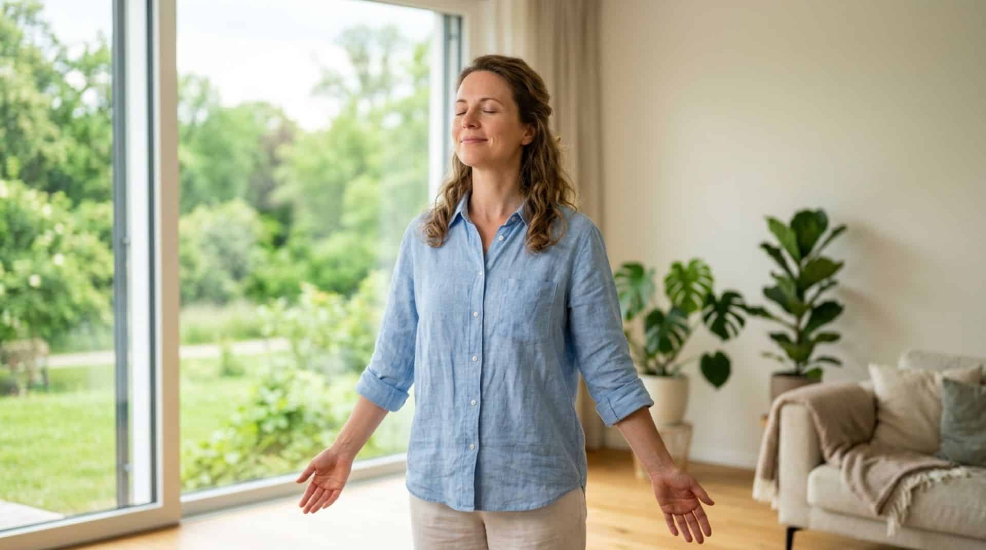 Eine lächelnde Frau atmet tief ein, mit geschlossenen Augen, in einem hellen Wohnraum mit Blick ins Grüne.