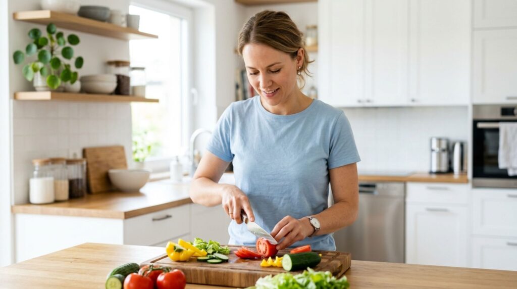 Eine Frau schneidet frisches Gemuese für einen Salat in einer modernen Küche.