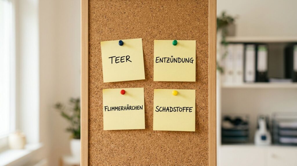 Detailansicht einer Pinnwand mit gelben Post-its, auf denen die Wörter 'TEER', 'FLIMMERHÄRCHEN', 'ENTZÜNDUNG' und 'SCHADSTOFFE' in schwarzer Handschrift stehen.
