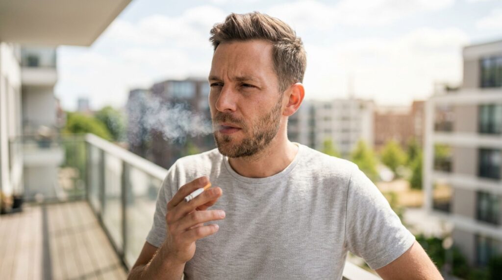 Ein Mann atmet Rauch aus, sein Gesicht ist angespannt.